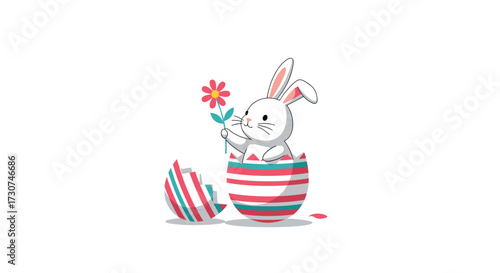 A cute white bunny peeking out of a striped easter egg holding a flower.