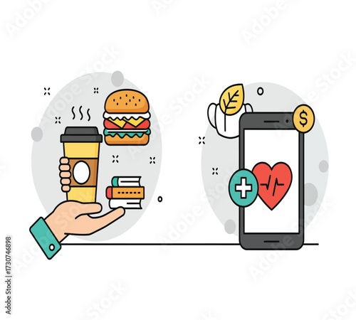 Illustration of a healthy lifestyle with a coffee cup, a red mug, a burger, a leaf, a computer, a trash can, a lamp, and a smartphone concept of balance and wellbeing