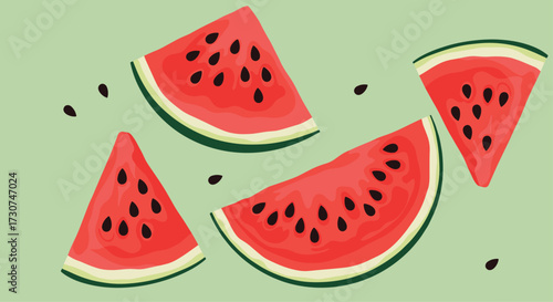 Freshly sliced juicy watermelon pieces with scattered seeds on a light green background.