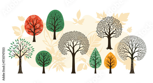 A diverse collection of trees in various artistic styles.