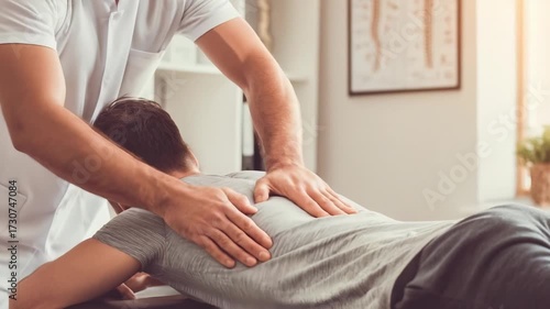 A therapist gives a back massage to a person lying face down on a treatment table.