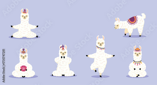 Cute fluffy llamas doing yoga poses on a pastel background.
