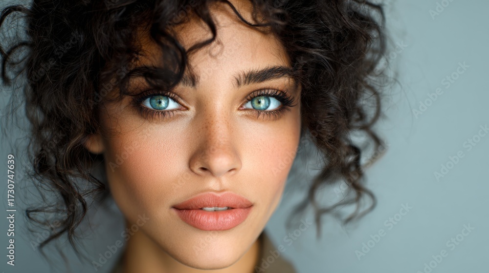 Naklejka premium A young woman with curly hair and captivating blue eyes smiles softly. She stands in front of a light gray background showcasing her natural beauty and glowing skin.