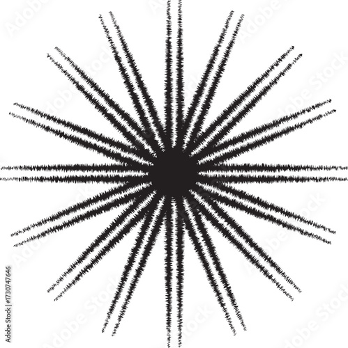 Black starburst with numerous scribbled lines and textured effect Keywords: starburst, radial, lines, abstract, graphic, design