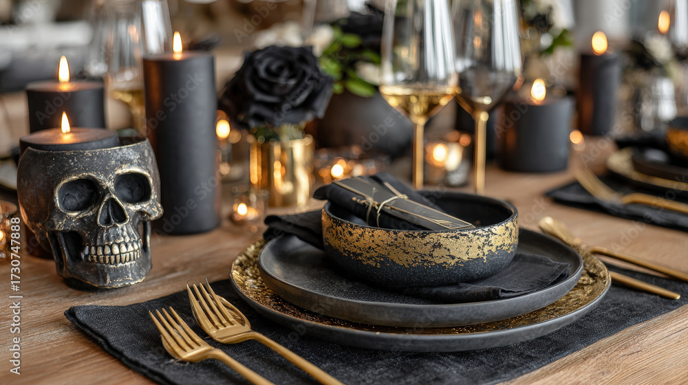 Fototapeta premium Minimalist black and gold Halloween dinner set with candles, skull, and elegant tableware