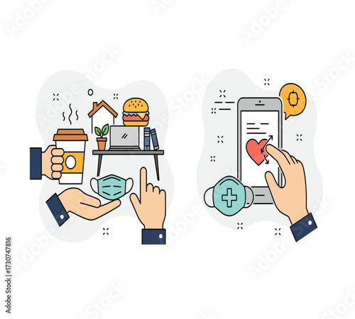 Illustration of a healthy lifestyle with a coffee cup, a red mug, a burger, a leaf, a computer, a trash can, a lamp, and a smartphone concept of balance and wellbeing
