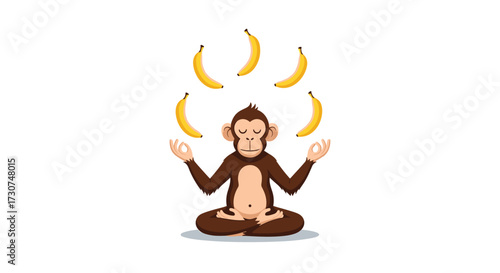 A meditating monkey juggles five bananas in a serene pose.