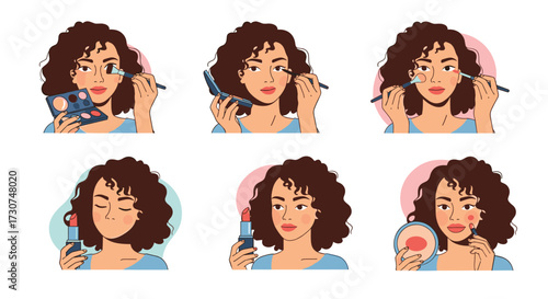 A woman applies makeup to her face with various cosmetic products and brushes.