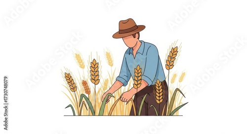 Farmer harvesting ripe wheat in a golden field illustration.