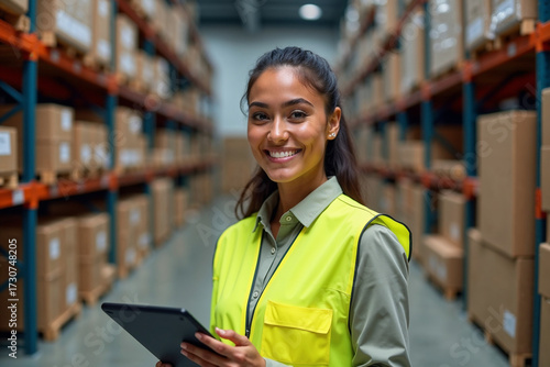 Wallpaper Mural Smiling Female Warehouse Worker in Safety Vest Holding Digital Tablet Torontodigital.ca