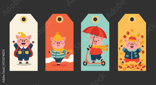 Cute pigs in seasonal outfits with winter autumn themes.