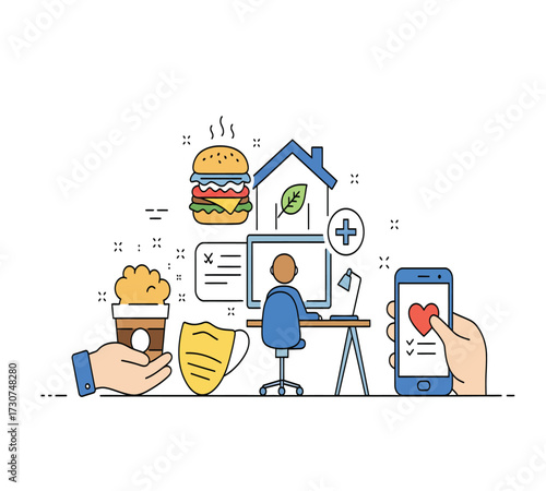 Illustration of a healthy lifestyle with a coffee cup, a red mug, a burger, a leaf, a computer, a trash can, a lamp, and a smartphone concept of balance and wellbeing