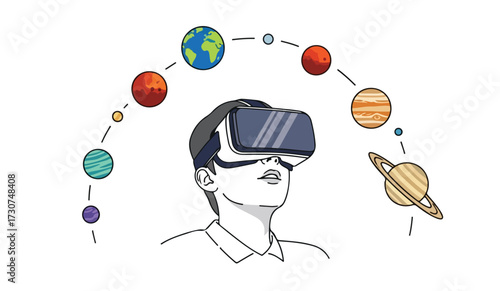 A person wearing virtual reality headset, surrounded by illustrations of planets in a circular arrangement.