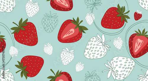 A delightful pattern of fresh strawberries scattered across a light blue background.