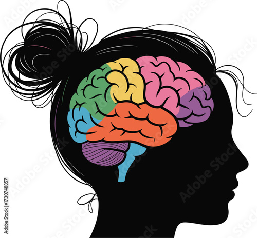 Silhouette of woman head with colorful brain illustration, neuroscience concept, psychology design, human mind creativity, intelligence, mental health, education, knowledge