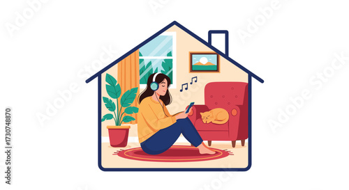 A person listening to music at home with their cat nearby.