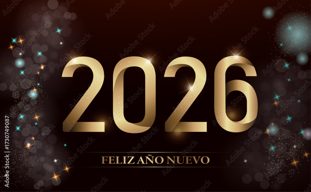 Tarjeta o pancarta para desear un feliz año nuevo 2026 en dorado sobre fondo negro con círculos bokeh y estrellas en varios colores