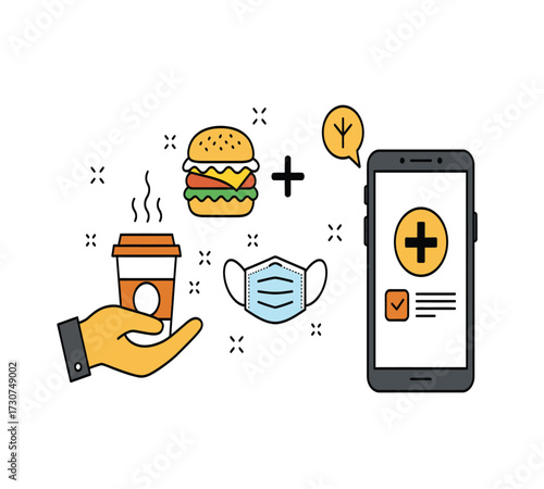 Illustration of a healthy lifestyle with a coffee cup, a red mug, a burger, a leaf, a computer, a trash can, a lamp, and a smartphone concept of balance and wellbeing
