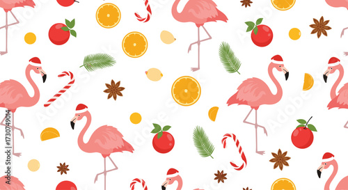 Flamingos in festive hats with candy canes and citrus slices.