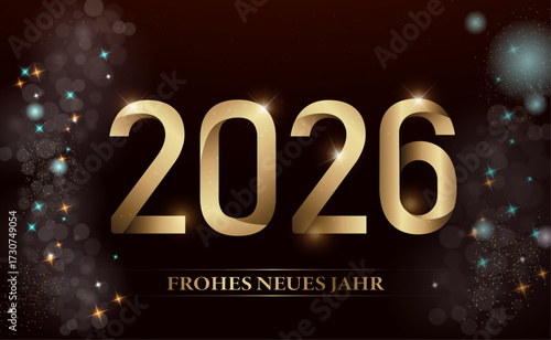Karte oder Banner, um ein frohes neues Jahr 2026 in Gold auf schwarzem Hintergrund mit Bokeh-Kreisen und Sternen in mehreren Farben zu wünschen