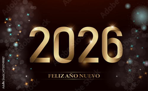 Tarjeta o pancarta para desear un feliz año nuevo 2026 en dorado sobre fondo negro con círculos bokeh y estrellas en varios colores