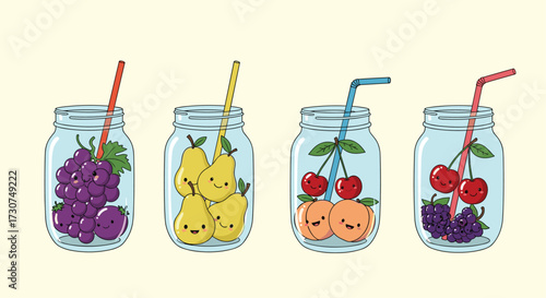 Four colorful fruit infused mason jar drinks with cute faces.