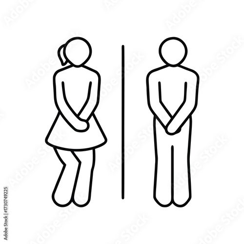 male and female restroom icon in line style. Funny toilet couple symbol, desperate pee Girls and boy wc icon, fun bathroom door signs, humor public washroom , vector illustration