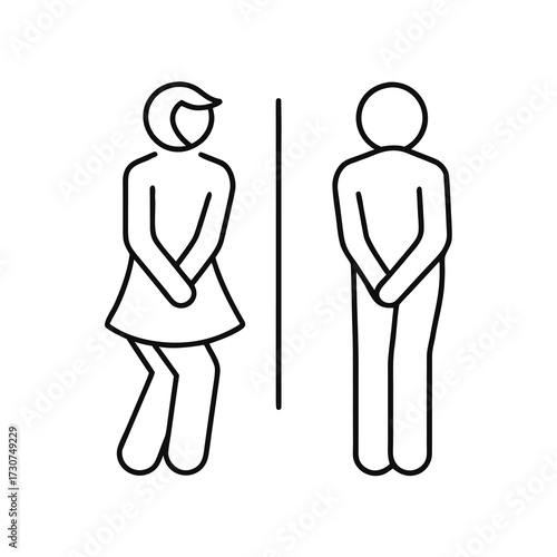 male and female restroom icon in line style. Funny toilet couple symbol, desperate pee Girls and boy wc icon, fun bathroom door signs, humor public washroom , vector illustration