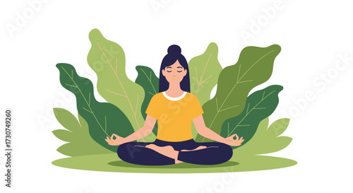 A woman meditating in a serene outdoor setting surrounded by lush greenery.