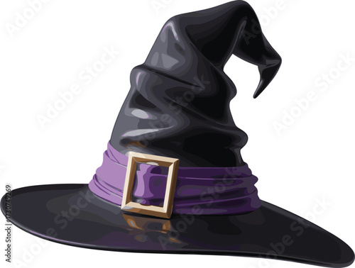 Black witch hat with purple band and golden buckle, Halloween costume accessory, magical fantasy illustration, spooky decoration, wizard style, enchanted