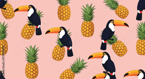Tropical toucans and pineapples seamless pattern.