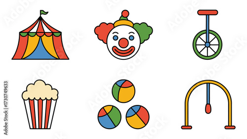 Vector art of circus and carnival icons amusement park, entertainment, and festival elements for graphic design
