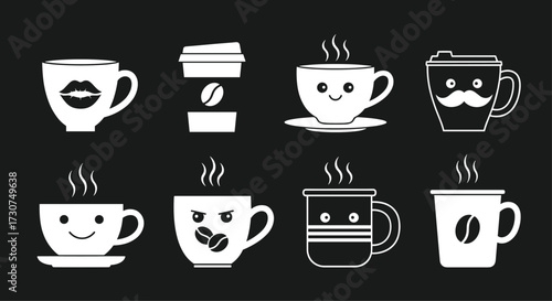 Collection of cute and quirky coffee cups with various designs and expressions.