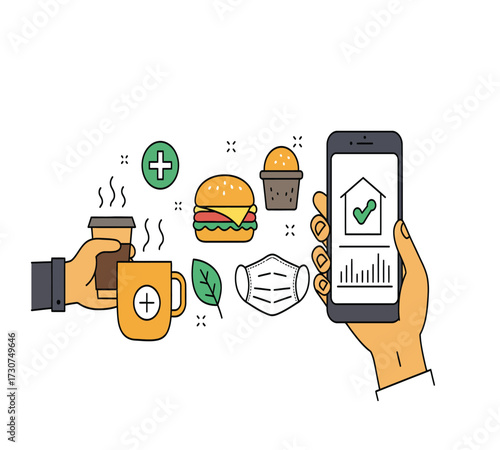 Illustration of a healthy lifestyle with a coffee cup, a red mug, a burger, a leaf, a computer, a trash can, a lamp, and a smartphone concept of balance and wellbeing