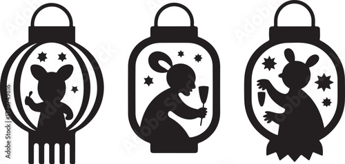 Three Black Silhouette Lanterns with Animal Figures Inside on White Background light illumination