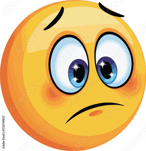 Sad emoji face, worried expression, blue eyes, blushed cheeks, emotional icon, cartoon style, flat vector illustration, digital communication symbol