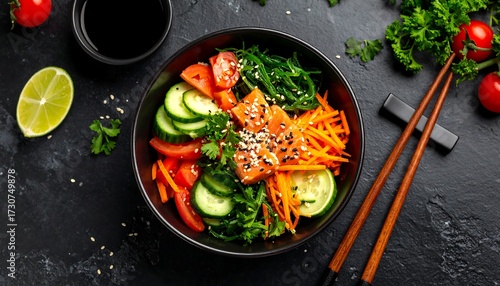 Healthy salmon bowl with fresh vegetables