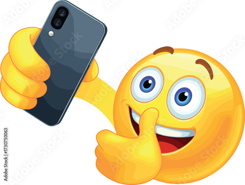 Selfie emoji character, smiling face, smartphone in hand, thumbs up gesture, cartoon style, digital communication, social media, fun moment, flat vector illustration