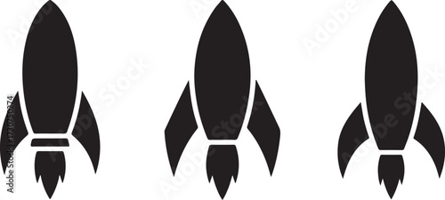 Three black silhouette icons of rockets with fins and exhaust trails on a white background spaceship