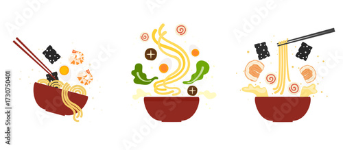 Flat vector illustration of a bowl of ramen with noodles, shrimp, egg, seaweed, and various toppings. Suitable for Asian food design, Japanese cuisine, restaurant menu, branding, or food project.
