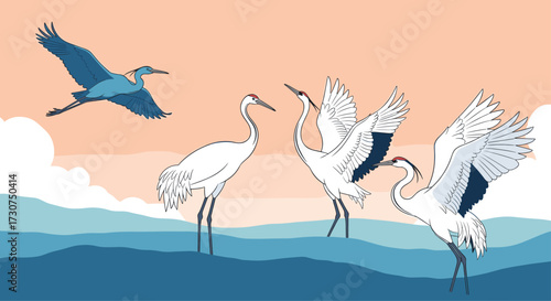 A flock of graceful cranes gather by the water as one flies overhead.