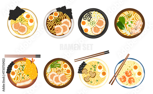 Vector illustration of various ramen bowls with toppings like pork, egg, shrimp, mushrooms, and tempura. Japanese food, noodle menu suitable for Asian food design, menu, or restaurant branding.