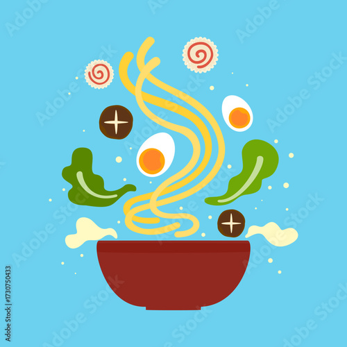 Flat vector illustration of a bowl of ramen with egg, pork, seaweed, and vegetables splashing out of the bowl. Suitable for Japanese food design, restaurant menu, Asian food, or food graphics.