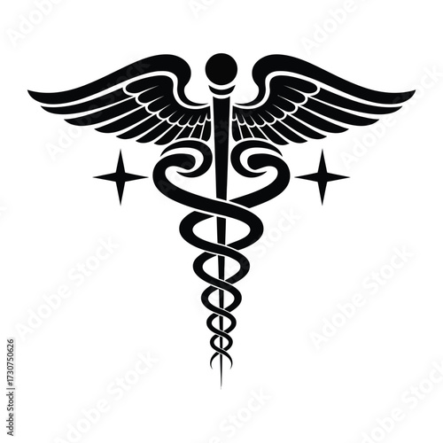 Black & White Medical Logo: Caduceus, Wings, Stars, and Cross
