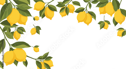 A vibrant illustration of lemons on branches with green leaves.