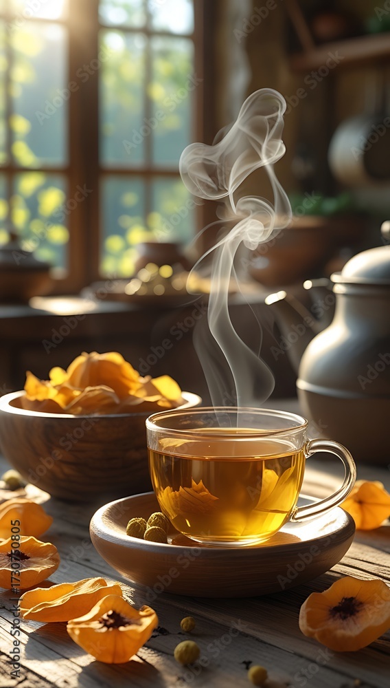 Fototapeta premium Hot black tea in a white cup and teapot on a wooden table for breakfast