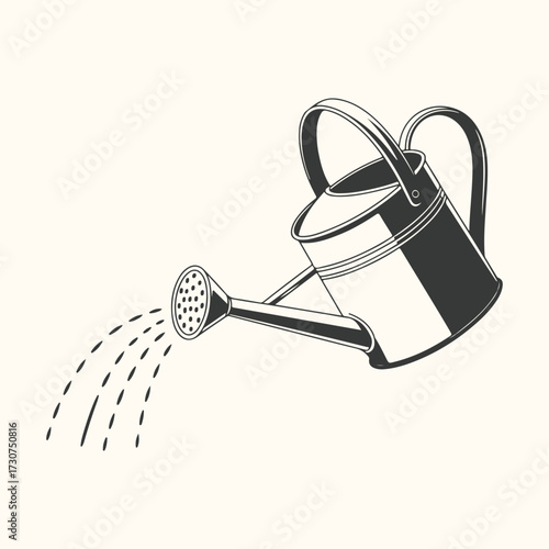 Vector art of vintage illustration of a classic metal watering can with a long spout, spraying water in a gentle stream, isolated on a light cream background, evoking gardening and nurturing