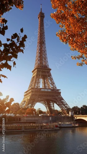 Seine in Paris with Eiffel tower in autumn time