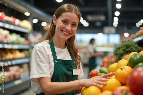 Happy Supermarket Worker Standing by Fresh Fruits and Vegetables