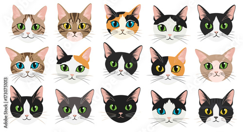 A collection of pixel art cat faces in various colors and patterns.